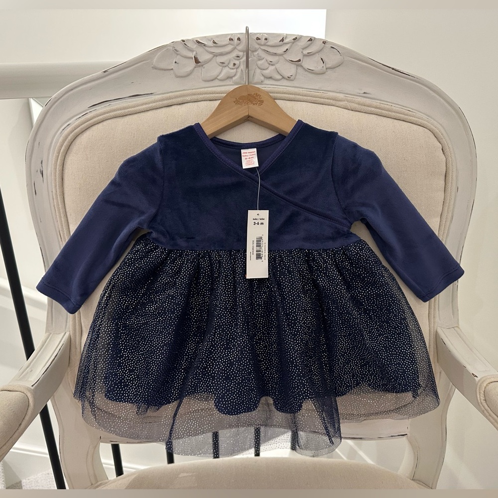🐇 Baby 3~6 Mth Navy Velvet Fancy Winter Dress With Sparkling Tulle Skirt NWT